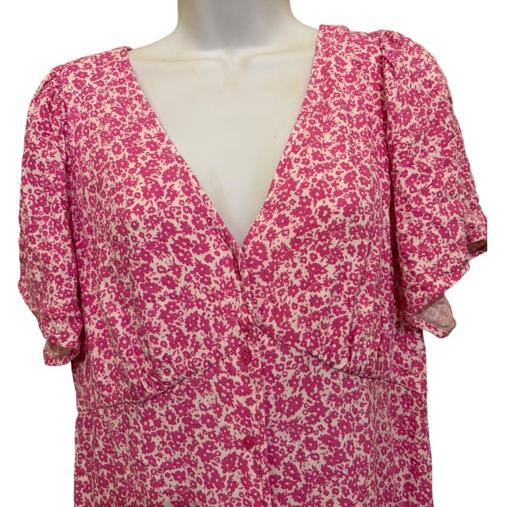 Ditzy Floral Midi Dress Pink White Button Down Front Smocked Back Boho Cottage - Picture 5 of 12